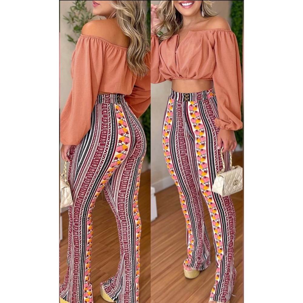 Off Shoulder Ruched Top & Tribal Print Pants Set